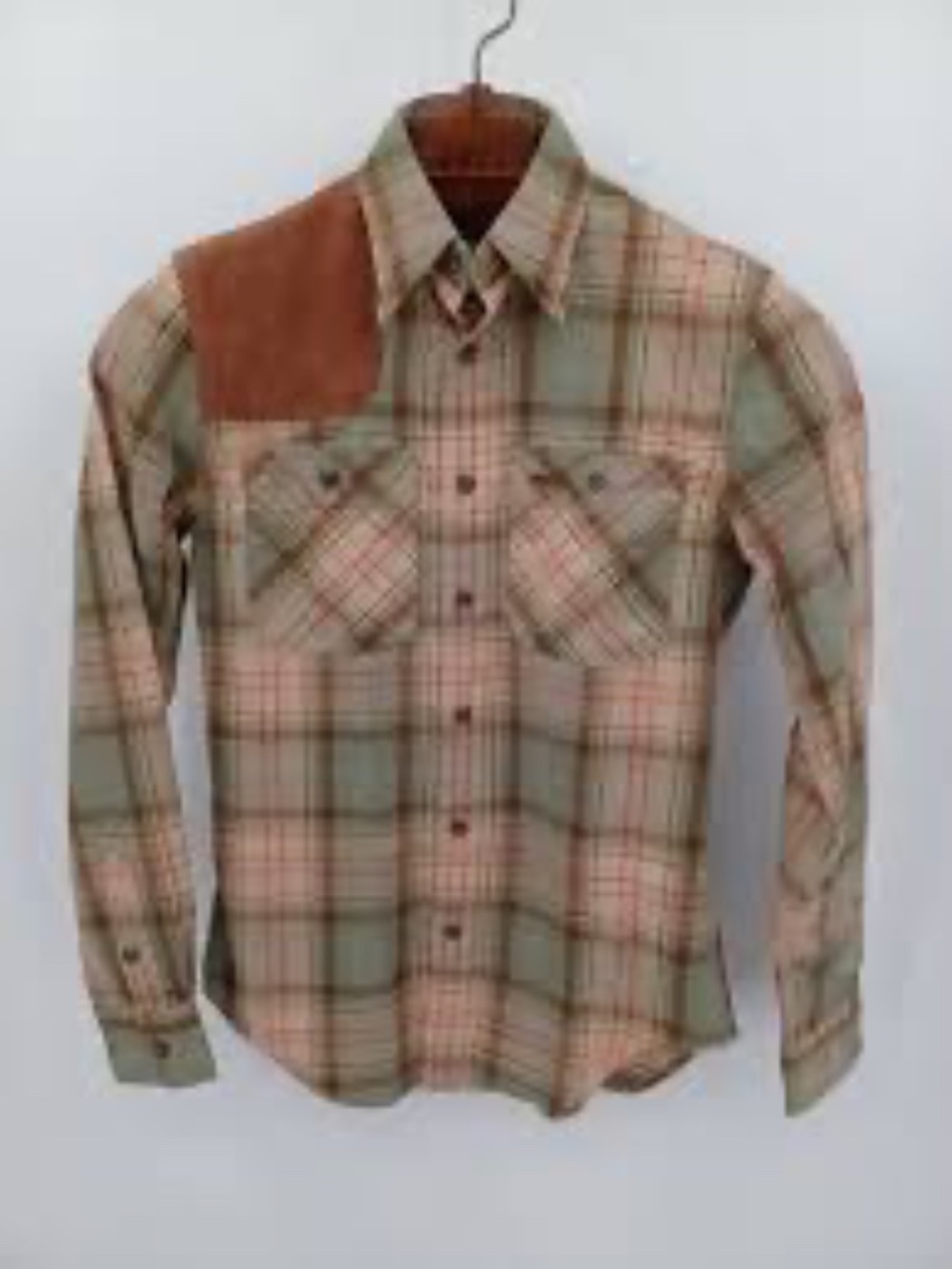 Ralph Lauren Green Plaid Button-Down Shirt with Brown Shoulder Patch